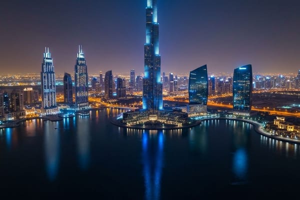 Dubai skyline at night with Burj Khalifa illuminated